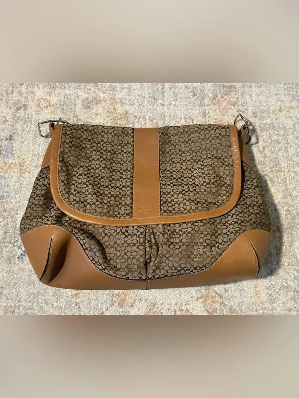 Coach Brown Signature Canvas Shoulder Bag with Tan Leather Trim